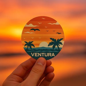 Folha de adesivos, Sunset Serenity em Ventura, adesivos com vista tranquila para o mar, decoração de pôr do sol na praia, decalques para laptop, acessórios para diário