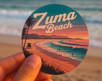 Pegatina del atardecer en Zuma Beach: estilo retro de la costa californiana