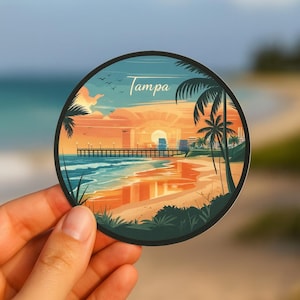 Tampa Florida Retro Beach Sticker: Sunset Palm Trees Souvenir
