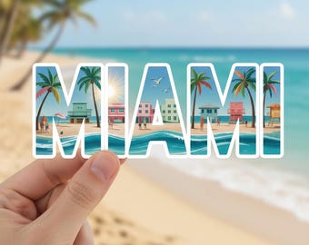 Miami Beach Sticker: Retro Coastal Design with Palm Trees