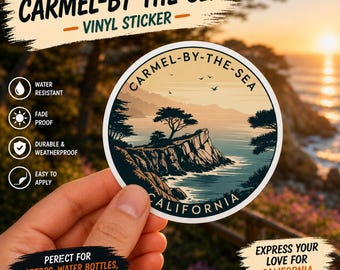 Pegatina de Carmel-by-the-Sea, California: Recuerdo panorámico de acantilados costeros