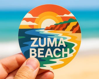 Calcomanía de Zuma Beach, California: Calcomanía de vinilo retro con atardecer
