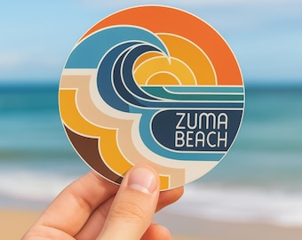 Calcomanía de Zuma Beach, California: Calcomanía de vinilo con atardecer retro de olas