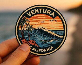 Ventura California Aufkleber: Ozeanwelle & Möwen