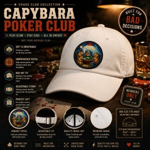May include: White cap with an embroidered patch featuring capybaras playing poker. The cap has an adjustable strap and the text "CAPYBARA POKER CLUB". The cap is made of premium fabric and fits head circumferences from 21 5/8" to 23 5/8".