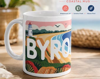 Taza de Byron Bay, Australia: Ilustración retro de la costa, faro, arena y océano.
