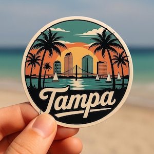 Tampa Florida Sticker: Retro Sunset Skyline, Palm Trees & Sailboats