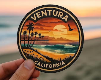 Calcomanía de Ventura, California: Calcomanía de playa con puesta de sol y surf