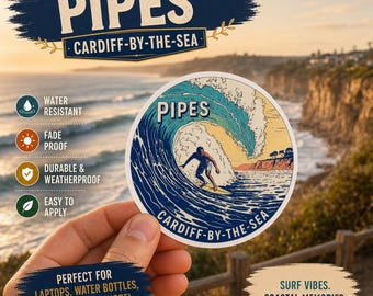 Pegatina de surf de Cardiff-by-the-Sea, California: Pipes Retro Wave Surf