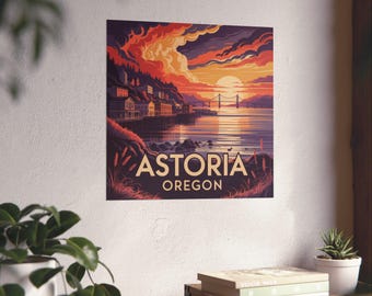 Poster del tramonto di Astoria, Oregon - Stampa artistica del ponte costiero