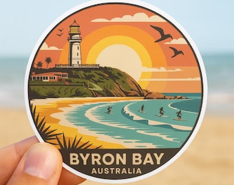 Byron Bay Australia Sticker: Retro Beach Sunset Surf