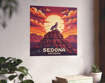 Poster di lupo pixel art di Sedona, Arizona: tramonto nel deserto