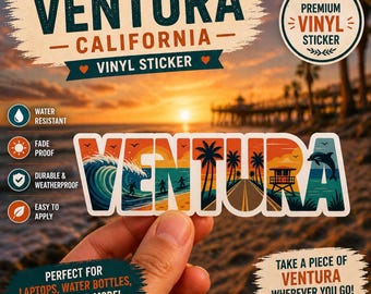 Adesivo Ventura California: scena retrò di spiaggia e surf