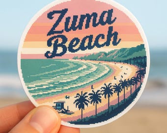 Pegatina pixel art de Zuma Beach: estilo retro costero de California