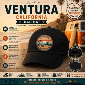 Puede incluir: Gorra negra "Ventura California Dad Hat" con un parche redondo con una escena de playa. Cuenta con un cierre de hebilla de latón antiguo y está hecha de sarga de chino suave y duradera. El texto en la gorra dice "Classic Style. Built for Adventure."