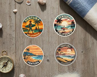 Paquete de pegatinas de Ventura, California: Viajes costeros retro (juego de 4)