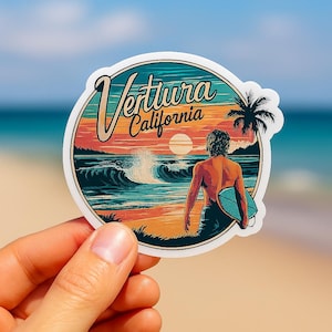 Ventura California Sticker – Retro Surfer Beach Decal | Coastal Sunset Vinyl Art | Travel & Surf Lover Gift