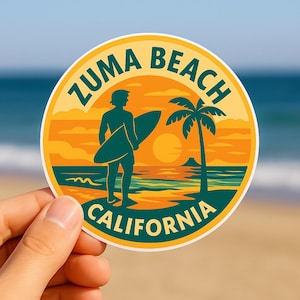Zuma Beach, California - Emblema vintage de atardecer / Diseño de surf, recuerdo de viaje, ambiente costero