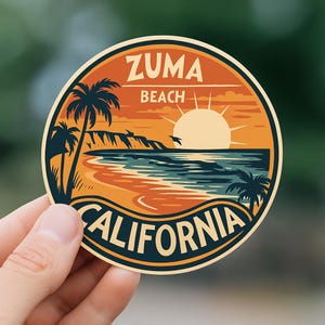 Zuma Beach Sticker – Vintage Sunset California Vinyl Decal | Palm Tree Surf Vibes | Coastal Travel Souvenir
