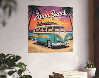 Poster del furgone da surf Zuma Beach: stampa artistica retrò del tramonto californiano