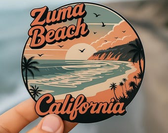 Zuma Beach California Sticker: Retro 70s Coastal Art