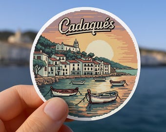 Pegatina pixel art del atardecer en Cadaqués, España