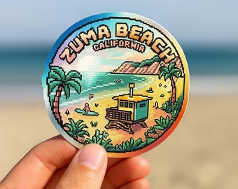 Pegatina holográfica de Zuma Beach: arte pixel retro de California