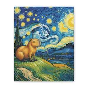 Canvasprint, capibarakunst - rustige nacht landschap muur decor, grillige dier illustratie, capibara natie collectie, natuurliefhebber