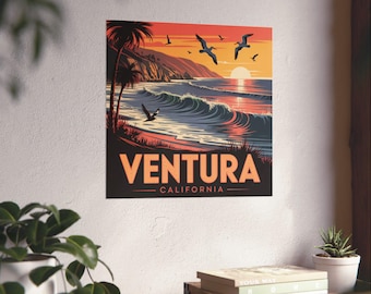 May include: A poster displaying a coastal scene with the text "VENTURA CALIFORNIA". The artwork shows a sunset over the ocean, with palm trees, seagulls, and waves. The colour palette includes orange, blue, and black.