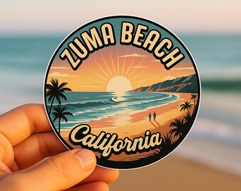 Pegatina de Zuma Beach, California: Atardecer retro costero