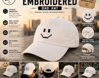 Pixel Embroidered Smiley Face Dad Hat: Retro 8-Bit Cap