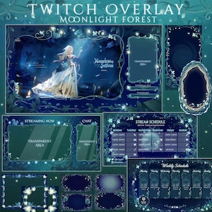 Pode incluir: Um conjunto de sobreposições para Twitch intitulado Moonlight Forest em tons de azul e verde-azulado escuro com motivos de folhas e vinhas brilhantes. Inclui molduras para streaming, chat, horários e alertas com uma ilustração de fantasia.