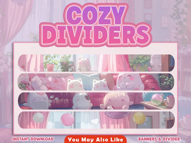 May include: A set of three pink and white dividers with a cute cartoon cat theme. The dividers feature a pink, white, and yellow color scheme and are perfect for adding a touch of whimsy to your digital content. The text "Cozy Dividers" is featured at the top of the image.