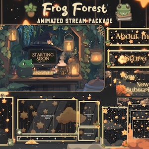 Frosch Hexe Twitch Pack | Mond Magie Zauberer Overlay Niedliche Witchy Pflanzen Animierte Twitch Bildschirme Gemütliche Vtuber Overlays, Schwarzes Paket