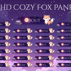 May include: A digital art graphic featuring 27 HD Cozy Fox Panels with a purple night sky background. Each panel has a fox illustration and text such as "About", "Links", "Discord", "Support", "Ranks", "Buy Me", "Patreon", "Shop", "FAQ", "News", "Specs", "Rules", "Team", "Credits", "Facebook", "Socials".