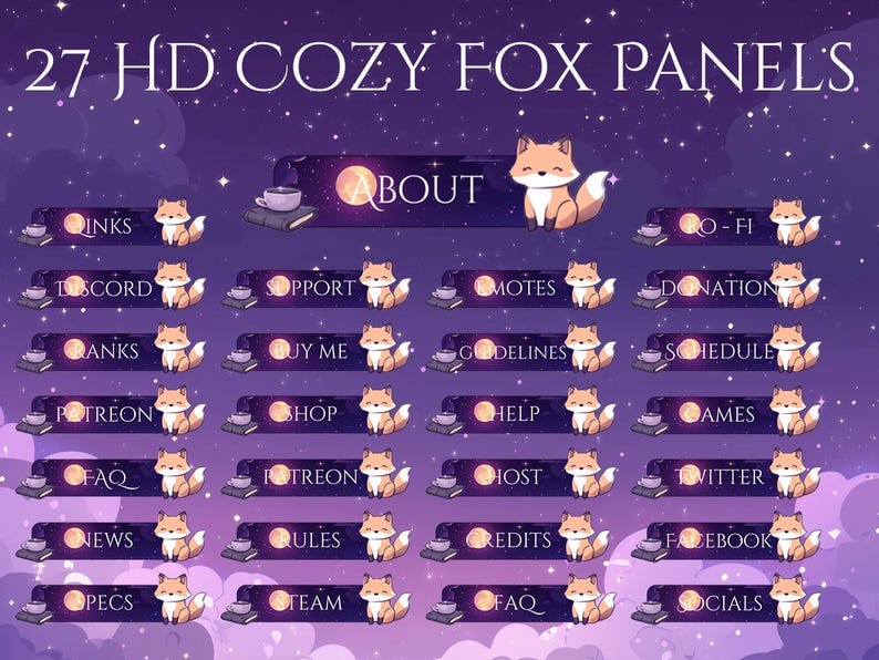 May include: A digital art graphic featuring 27 HD Cozy Fox Panels with a purple night sky background. Each panel has a fox illustration and text such as "About", "Links", "Discord", "Support", "Ranks", "Buy Me", "Patreon", "Shop", "FAQ", "News", "Specs", "Rules", "Team", "Credits", "Facebook", "Socials".