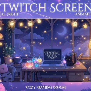 Puede incluir: Diseño de pantalla animada de Twitch con un tema de sala de juegos acogedora. La imagen presenta una computadora portátil con el texto "Starting Soon", un gato negro y un búho. La habitación está decorada con estrellas brillantes, una luna creciente y luces de hadas.