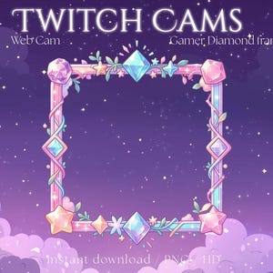 Pode incluir: Ilustração digital de uma moldura em forma de diamante com o texto "TWITCH CAMS" e "Web Cam Gamer, Diamond frame". A moldura é decorada com estrelas, gemas e folhas, contra um céu estrelado roxo e nuvens.