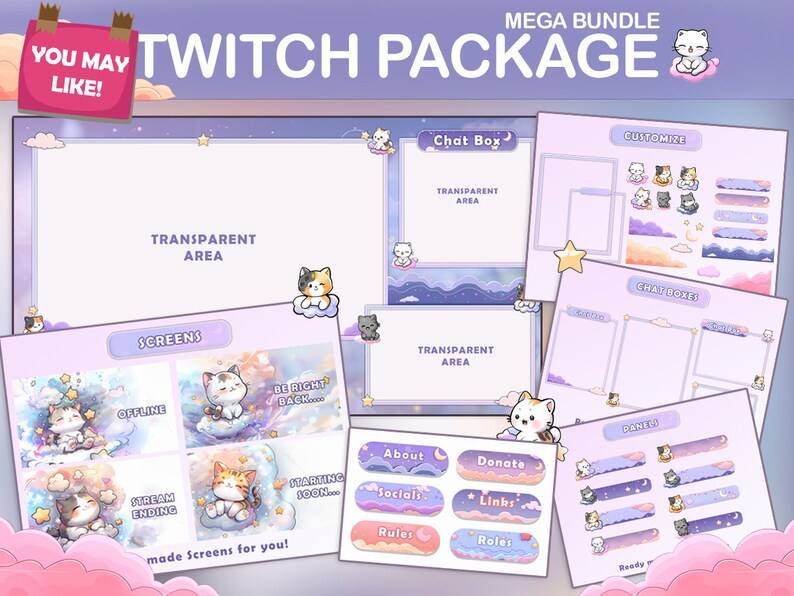 May include: A Twitch package with a purple and blue background featuring a cartoon cat design. The package includes a chat box, screens, panels, and other elements for customizing a Twitch stream.
