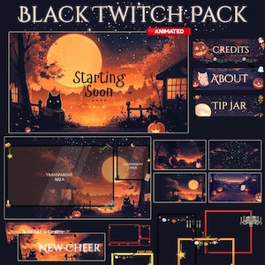 Puede incluir: Un paquete de arte digital con temática de Halloween. El diseño presenta una gran luna naranja, un gato negro, calabazas y el texto "Starting Soon". Incluye elementos animados y varios diseños de superposición para plataformas de streaming.