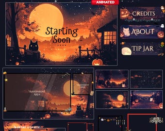 Sunset Black Twitch, Twitch screen | Animated Overlay Stream Package, Cat Twitch Cute Twitch Overlay Vtuber halloween, autumn, black cat