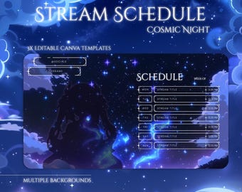 Cosmic Night Stream Schedule Template Canva Editable Twitch Weekly Planner Vtuber Streaming Overlay Panel Moon Star Magic Stream