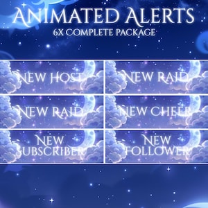 May include: A digital graphic with the text "ANIMATED ALERTS" and "6X COMPLETE PACKAGE". Below are six animated alert banners with text such as "NEW HOST", "NEW RAID", "NEW CHEER", "NEW SUBSCRIBER", and "NEW FOLLOWER". The background is a starry night sky.