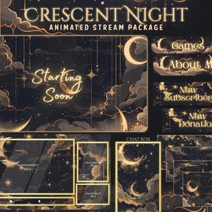 Gold Crescent Twitch Overlay, Twitch screen | Animated Overlay Stream Package Starry Sky | Cute | Cloud | Golden | Sparkle | Vtuber Pack