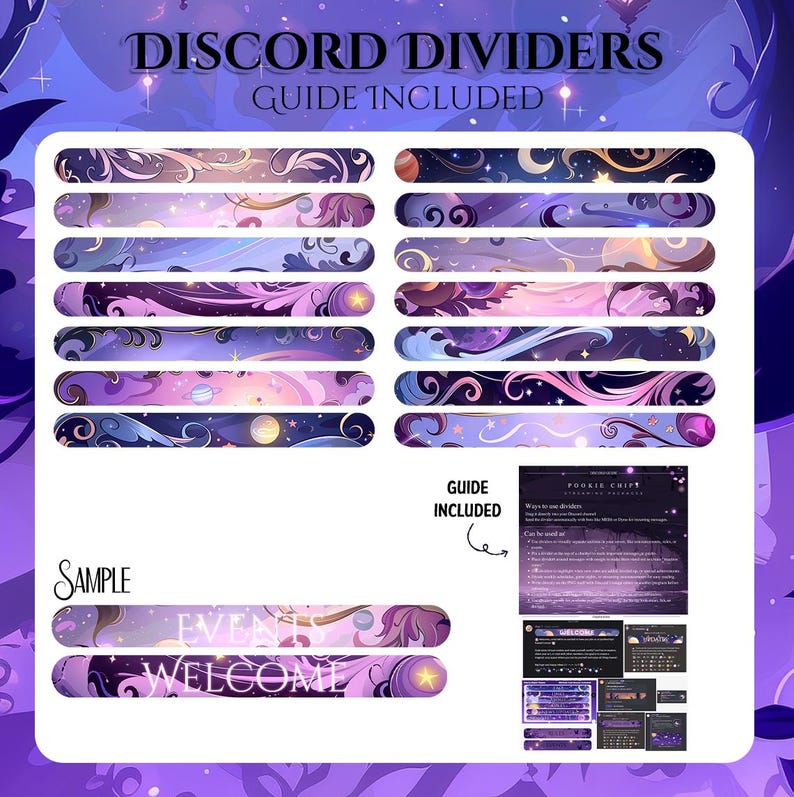 May include: A collection of Discord dividers with a celestial theme, featuring swirling patterns in shades of purple, blue, and gold. The image includes a guide and sample dividers with the words "EVENT" and "WELCOME".