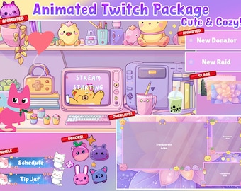 Animated Stream Package Cute Cozy Package for Twitch | Twitch | Cute Twitch Overlay | Twitch Alerts | Cat  Stream Overlay Animation