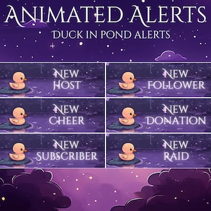 K&ouml;nnte beinhalten: Animierte Benachrichtigungen f&uuml;r Twitch-Streams mit einer Cartoon-Ente in einem Teich. Die Benachrichtigungen beinhalten: Neuer Host, Neuer Cheer, Neuer Abonnent, Neuer Follower, Neue Spende und Neuer Raid.