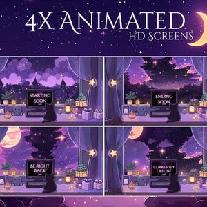 May include: Animated HD screens featuring a cozy room scene with a night sky view. Each screen displays different messages: "Starting Soon," "Ending Soon," "Be Right Back," and "Currently Offline." The screens include a black cat, a computer, and decorative elements.
