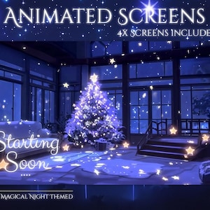 May include: An animated screen with a magical night theme. The image shows a room with a Christmas tree, a sofa, and star-shaped lights. Text on the screen reads "Animated Screens" and "Starting Soon."