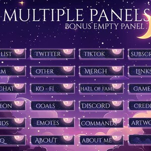 May include: A digital art graphic with a night sky theme, featuring multiple panels for online content. Each panel has a dark background with white text, such as "Wishlist," "Twitter," and "Subscribe." The design includes a crescent moon and stars.
